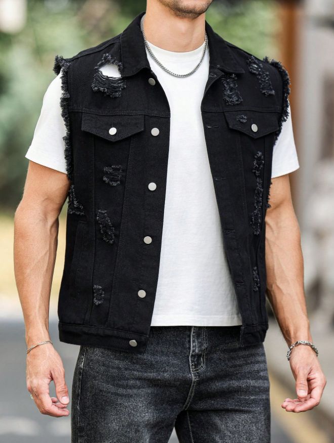 Black Distressed Denim Vest Men Ripped Frayed Sleeveless Jean Jacket Streetwear US Warehouse photo 6