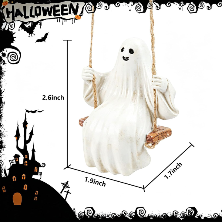 Cute Swinging Ghost Car Mirror Hanging Ornament Halloween Car Interior Accessories Distressed Vintage Ghost photo 4