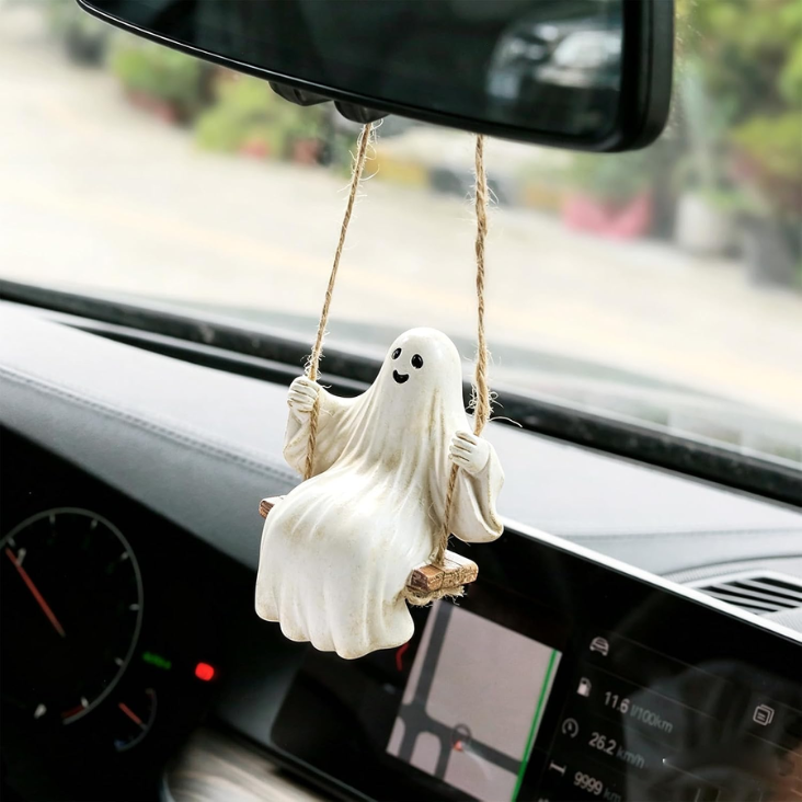 Cute Swinging Ghost Car Mirror Hanging Ornament Halloween Car Interior Accessories Distressed Vintage Ghost photo 5