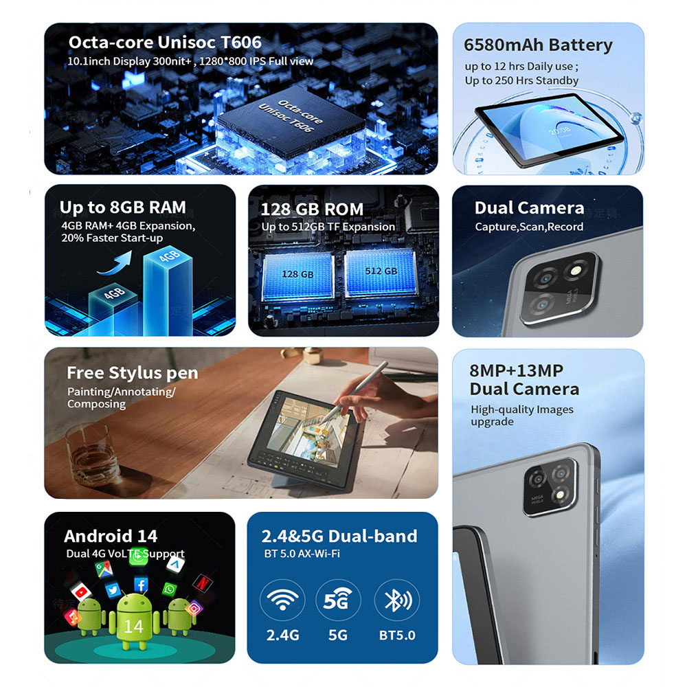 G-tab T11 Android 14 Tablet 10.1 Inch 1280&800 IPS Screen Unisoc T606 8 Core Max 1.6GHz 8GB RAM 4GB&4GB Expansion128GB ROM 2.4&5GHz WiFi Bluetooth 5.0 6580mAh Battery 8MP&13MP Camera Dual 4G photo 4