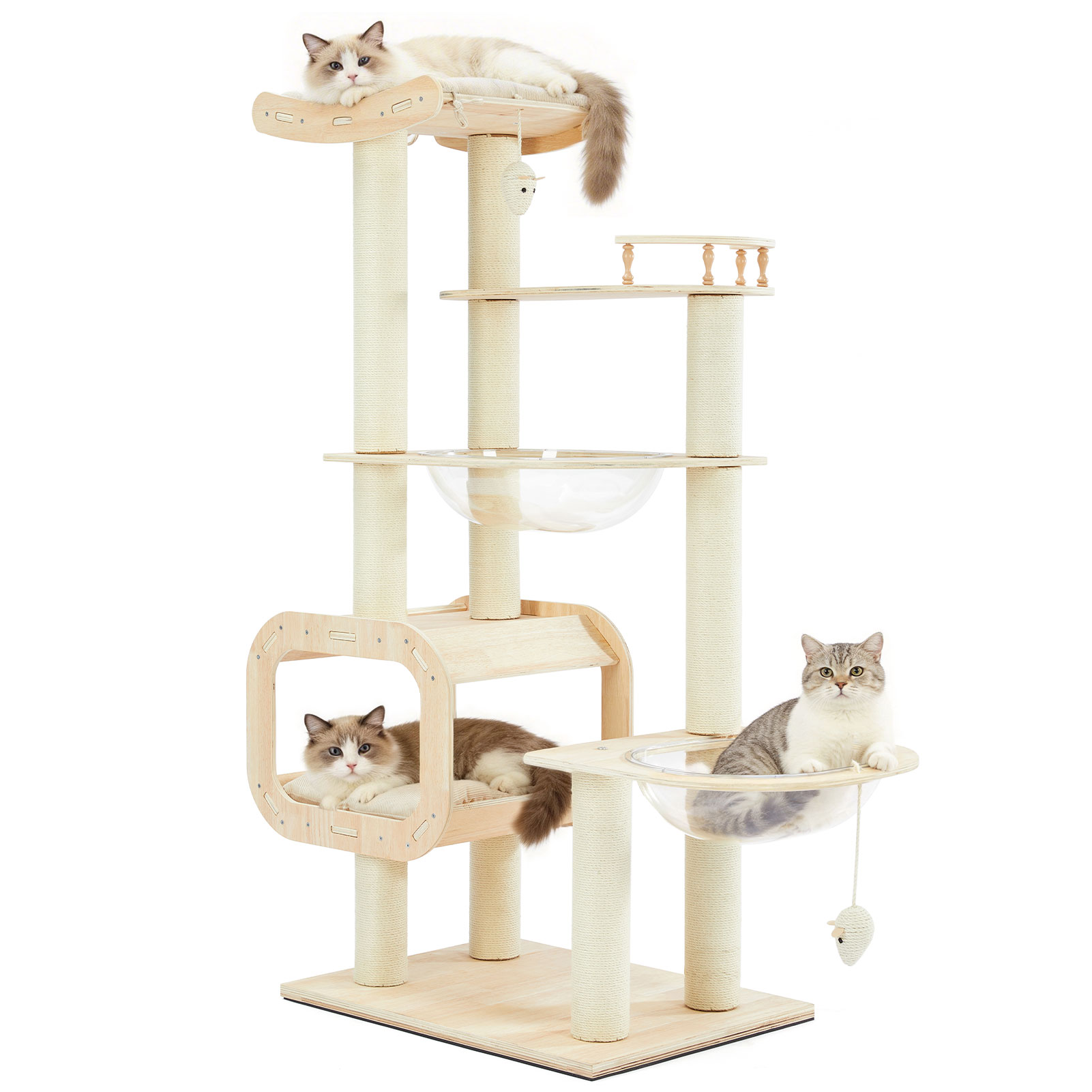 Heavy-Duty No-Drill 4-Story Cat Tree-Solid Wood Multi-Story Boards, Multi-Column Design, 55.9in Cat Tower With Open Condo, Double Space Capsules & Perch, Indoor Cat Furniture For Multi-Cat Families photo 8
