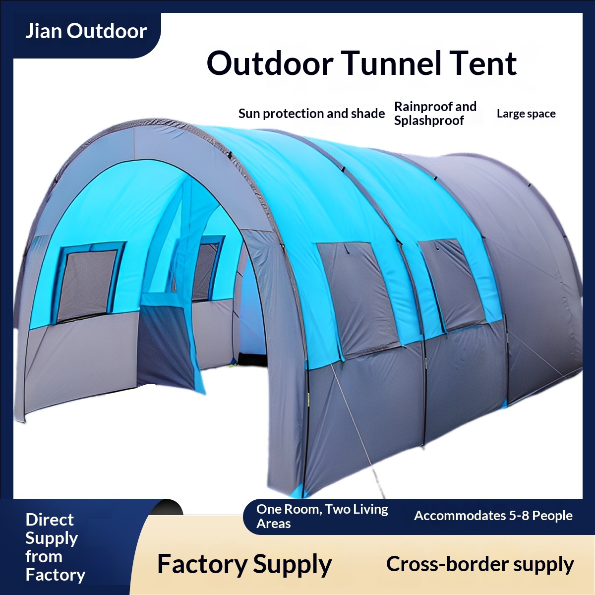 Factory Direct Supply Of Popular Tunnel Tents For Outdoor Camping, One Room And Two Living Areas, Suitable For Multiple People, Team Camping, And Storm Protection photo 1