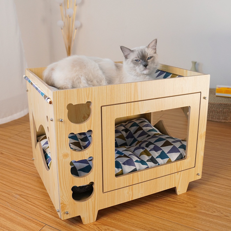 Integrated Wooden Double-Layer Pet Hammock Bed,Thick Cushion With Random Patterns photo 6