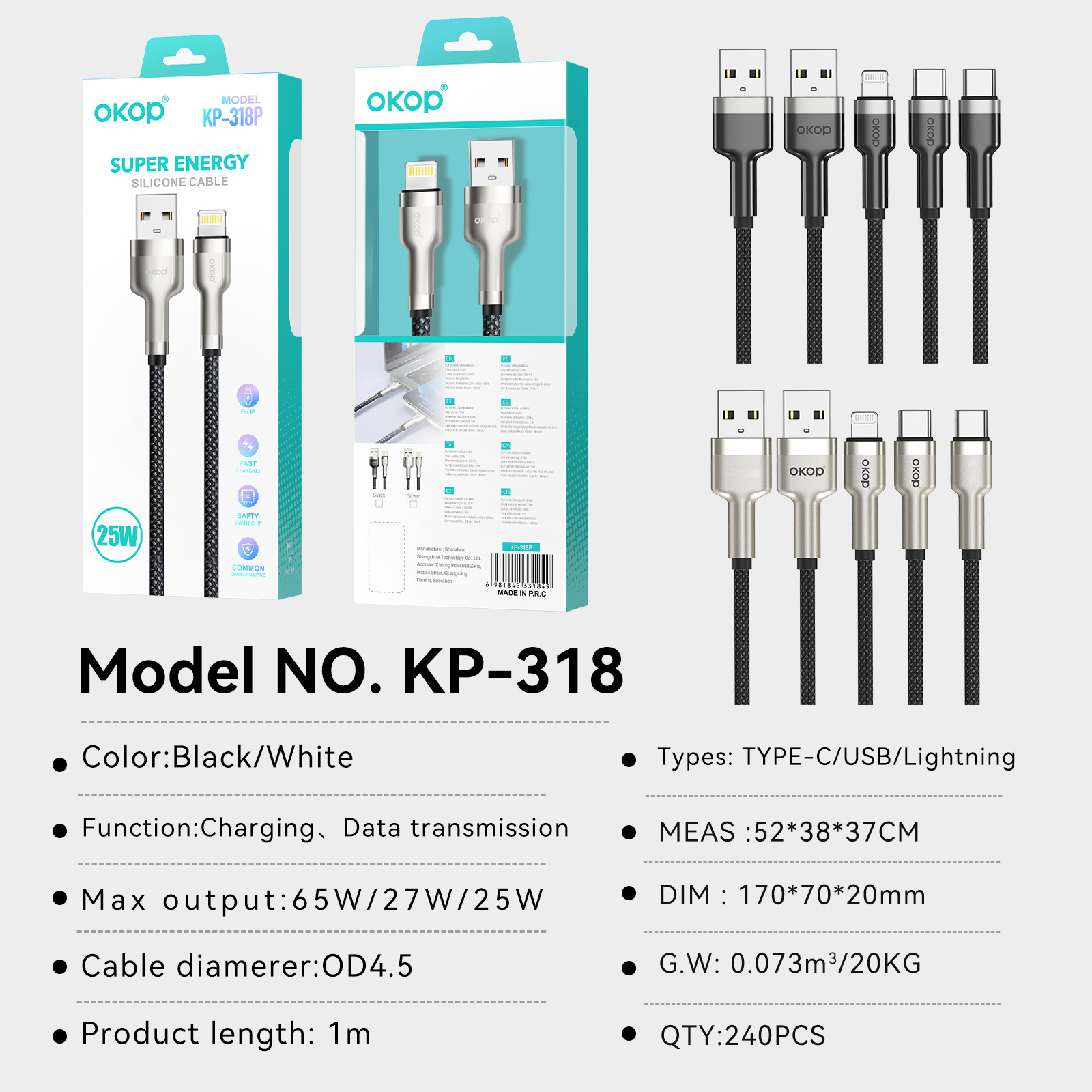 KP-318 Braided 65W Fast-Charging Data Cable Durable Overcharge Protection Type-C Compatible With Apple Android And Huawei photo 8