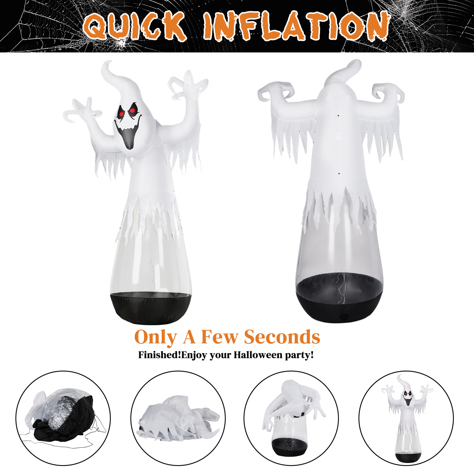 12ft Inflatable Halloween Decor Half-Body Clear PVC White Ghost With 2 LED Lights & 1 Stage Light,Black & White,12V 2000mA US Power Adapter photo 4
