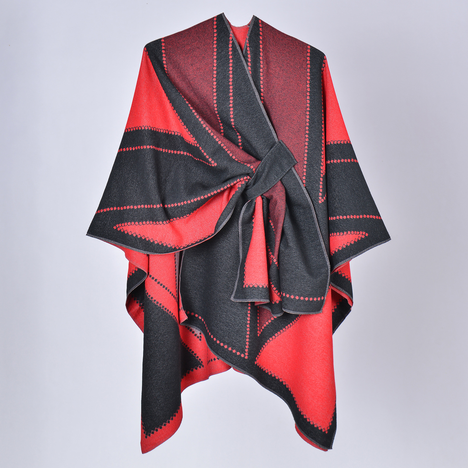 Women's Belted Shawl, Fashion Designer Thick Faux Cashmere Split Poncho Catwalk Outerwear photo 2