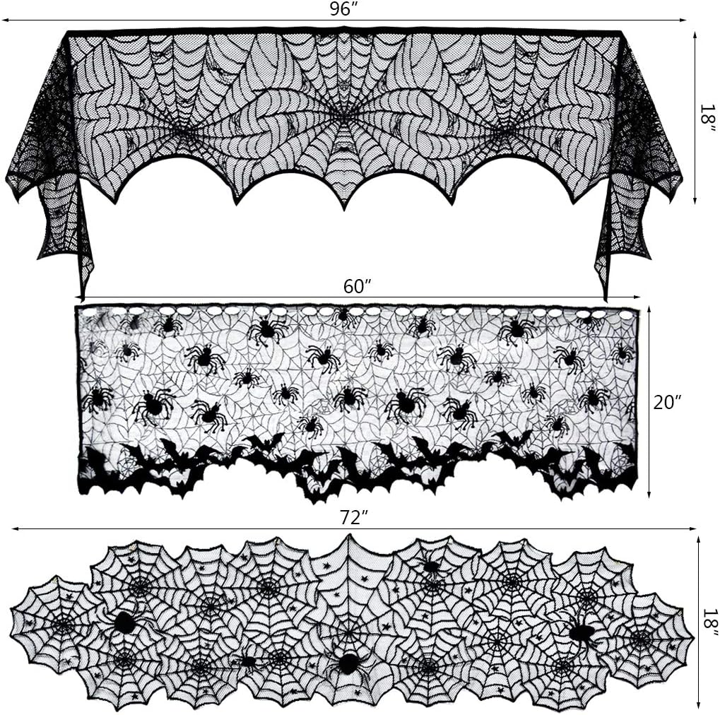 Halloween Spiderweb Tablecloth Runner 5 Units, Black Lace Cobweb Table Cover With 36 3D Bats For Party Mantel Decor photo 4