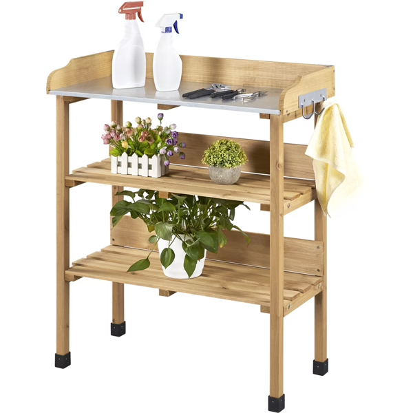 Outdoor Potting Bench Table With Storage Shelf,Natural Wood photo 1