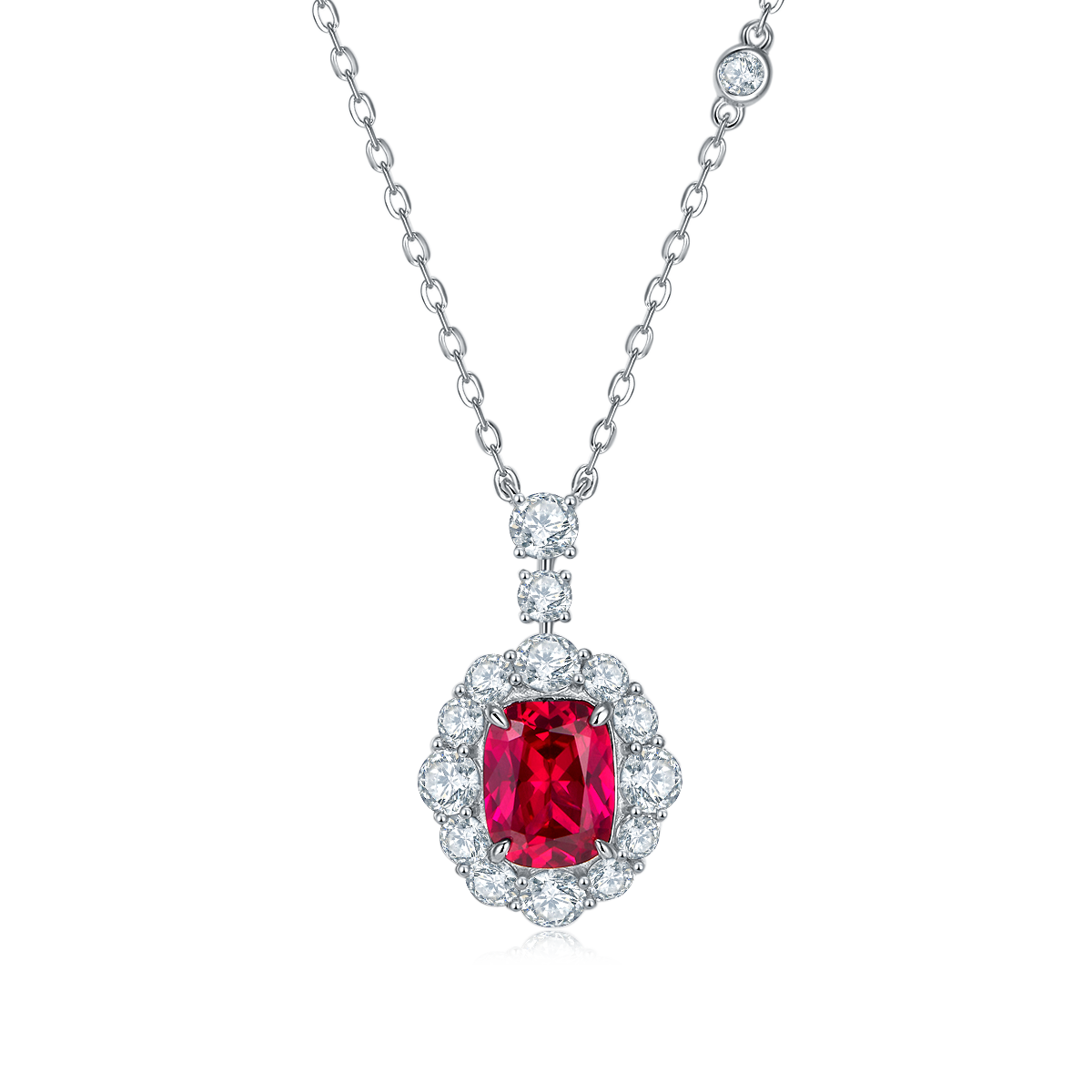 S925 Silver 5g Platinum Plated 4ct Lab-Created Ruby Necklace, 9x7mm Halo Pendant, 40&5cm photo 1