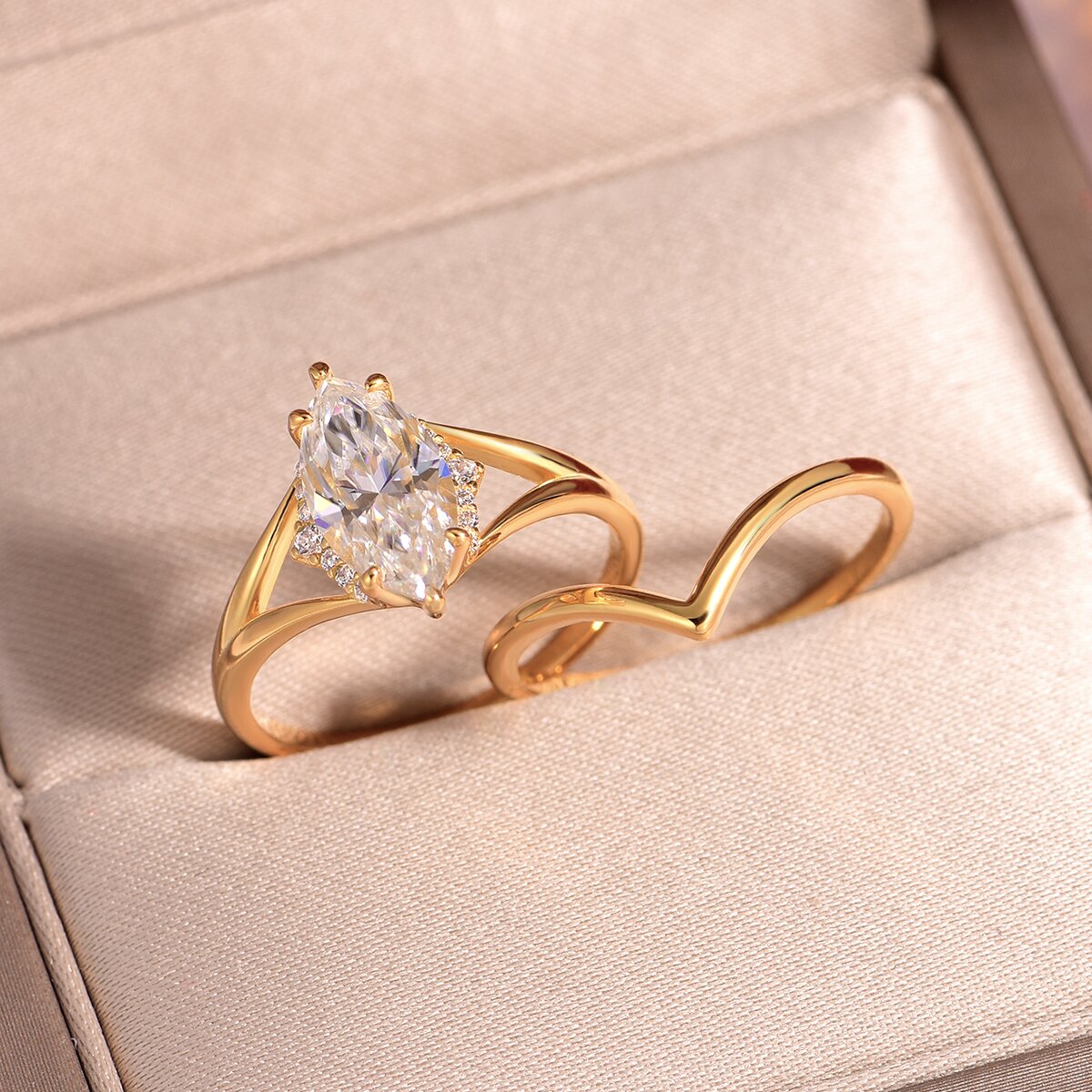 S925 Silver 3.9g Marquise Moissanite Ring Set, 6x12mm D VVS1 V-Shape Curved Band, GRA Certified US 6-9 Gift Box photo 2