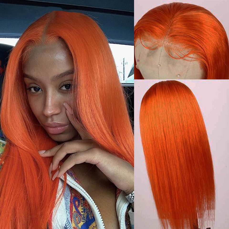 Split Orange Long Straight Chemical Fiber Lace Free Wig photo 3