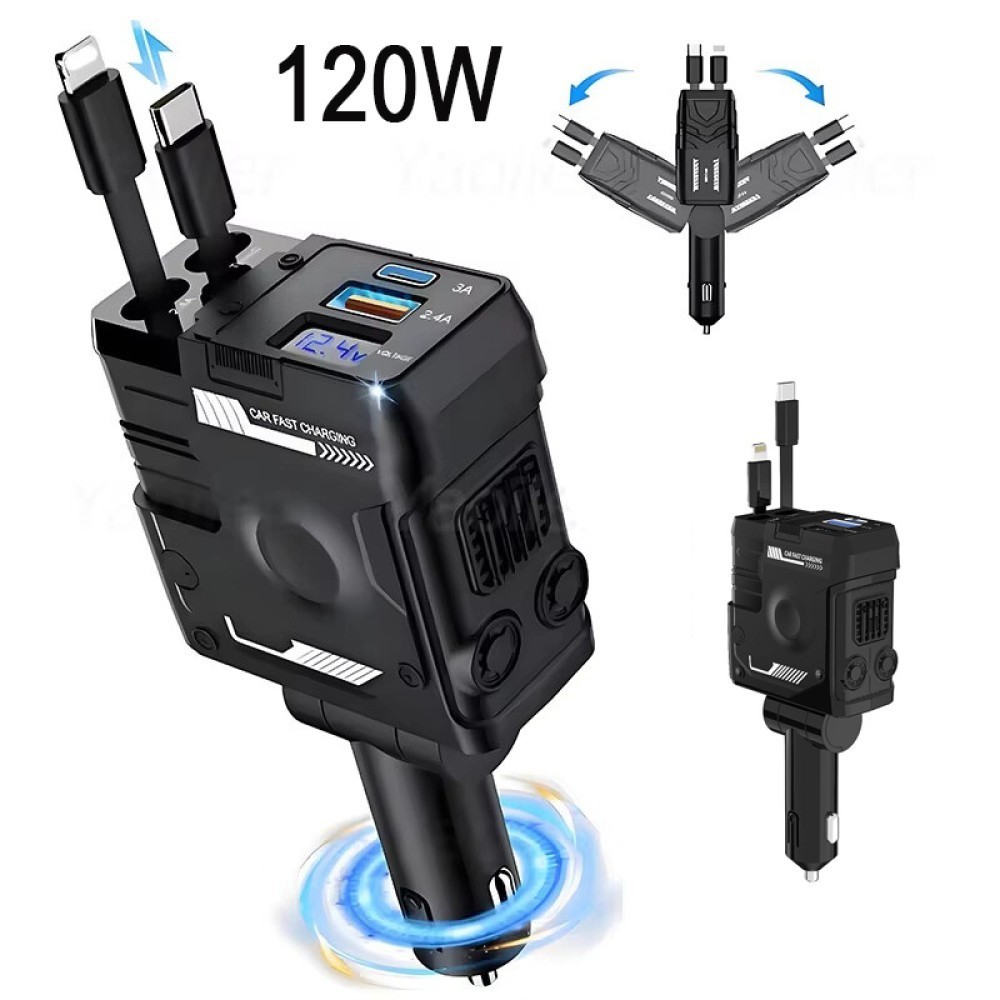 120W 4 IN 1 Retractable Car Fast Charger 2 Cable With USB Type C Port Adapter photo 1