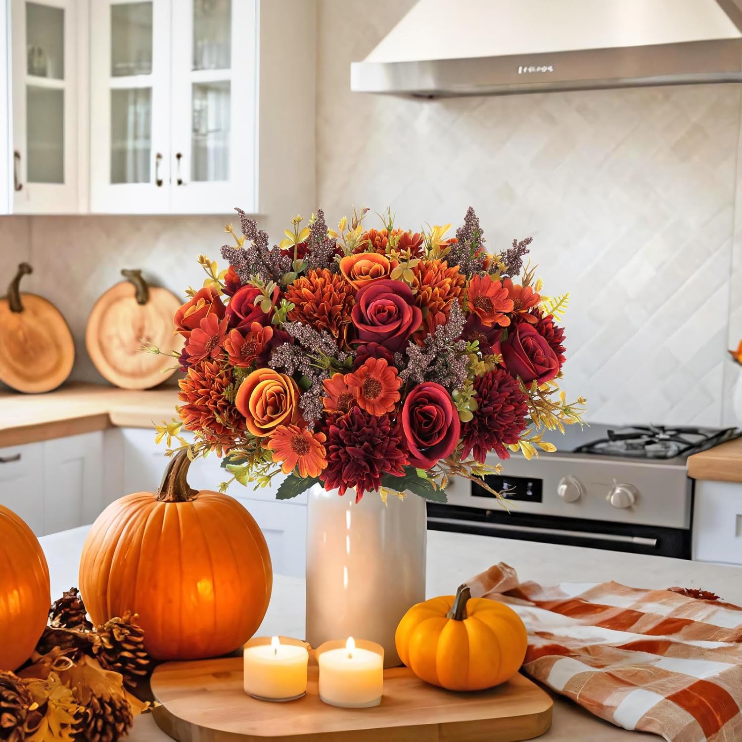 Artificial Fall Flowers 2 Units, Silk Rose Bouquets For Autumn Decor, Vase Arrangements, Home, Wedding And Table Display photo 4