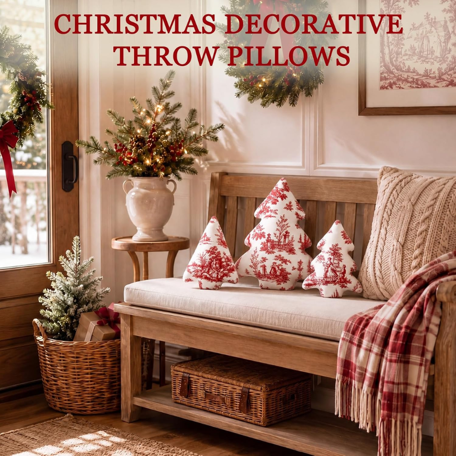 3 Pcs Red Toile Christmas Tree Pillows Vintage Cushion Decor photo 6