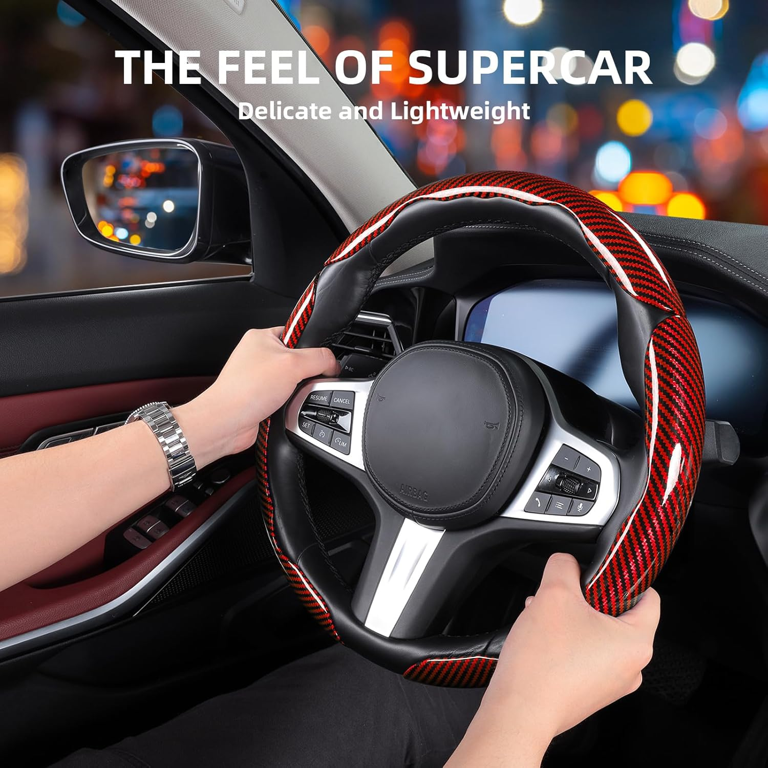 Car Steering Wheel Cover Set Bright Carbon Fiber Wrap Non-Slip 3pcs Steering Wheel Accessories  Universal  Red photo 4