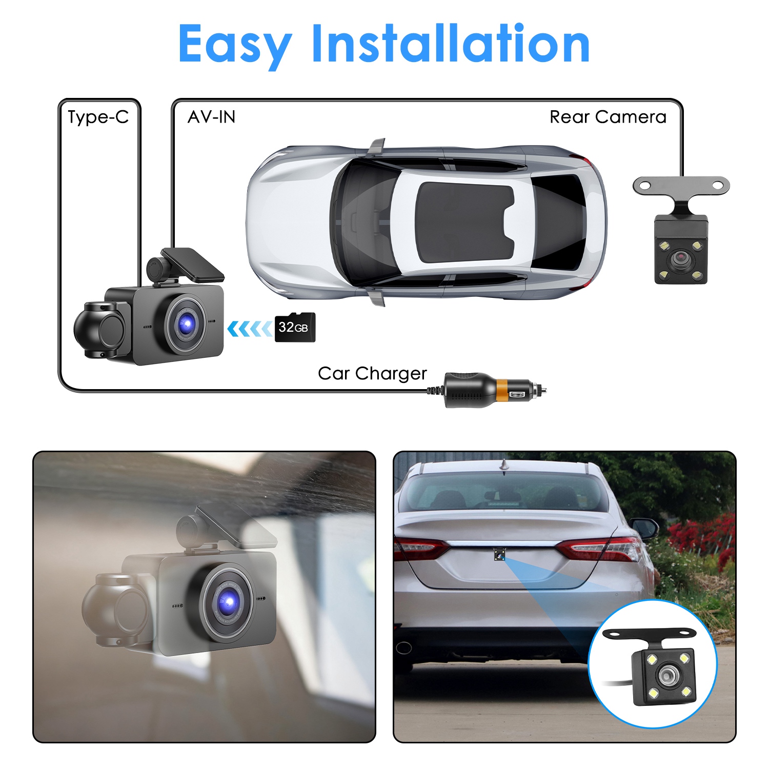 WiFi FHD 1080P 3 Channel Car Dash Cam Front Rear Inside With 32G MMC Card Motion Detection Loop Recording Infrared Night Vision Surveillance Car Camera With App Control photo 5