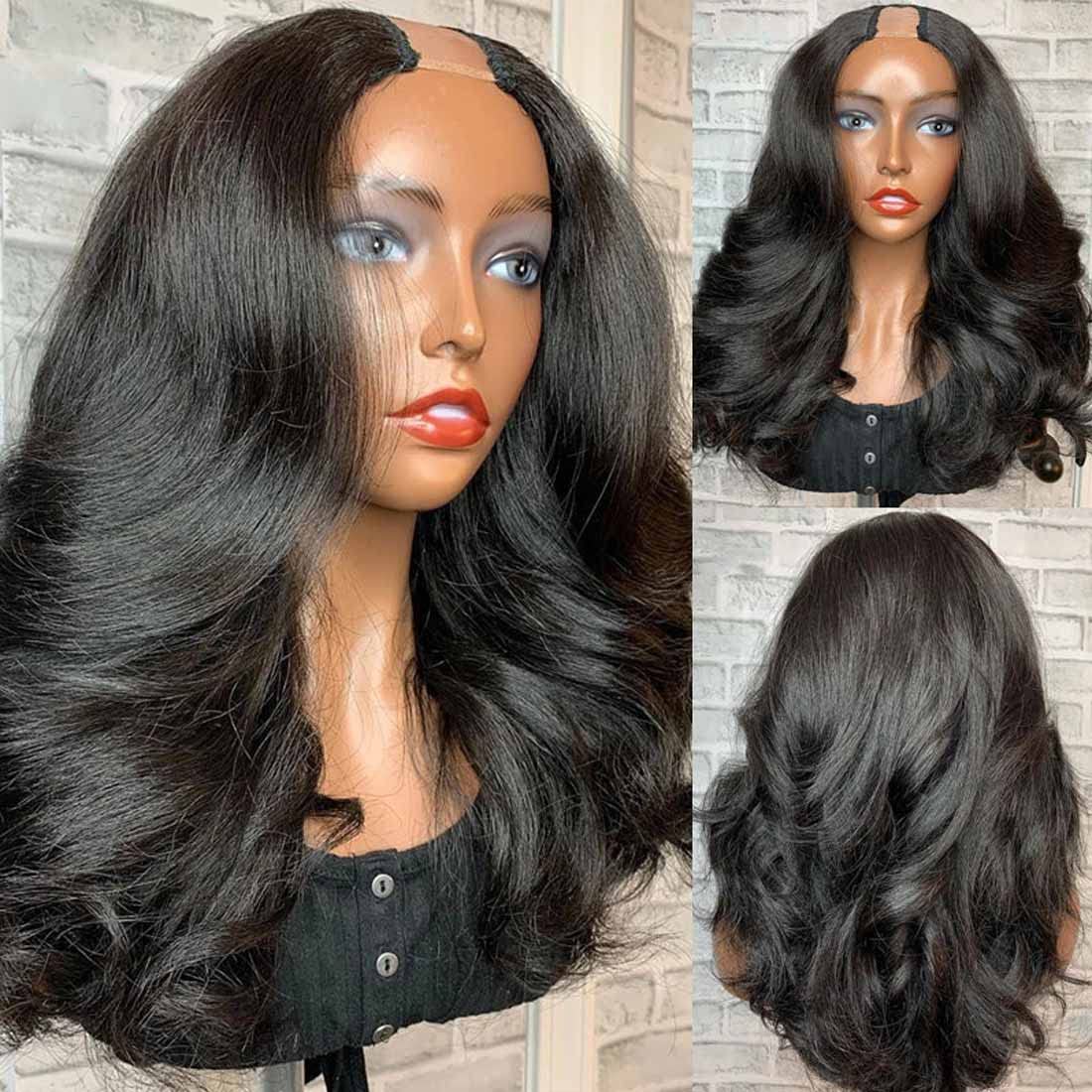 V-Part Human Hair Wig Body Wave, Natural Color, Density photo 3