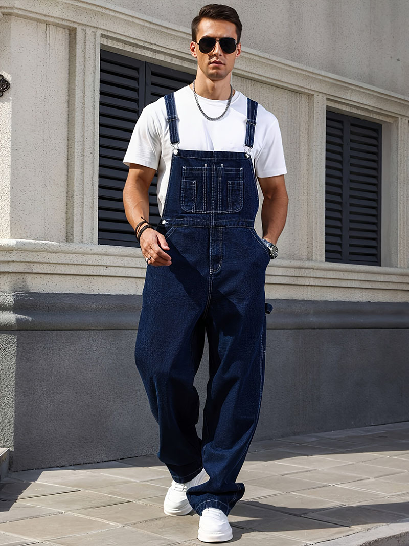 Men's Denim Overalls Loose Fit Carpenter Bib Pants Workwear Jeans Streetwear Ready Stock photo 6