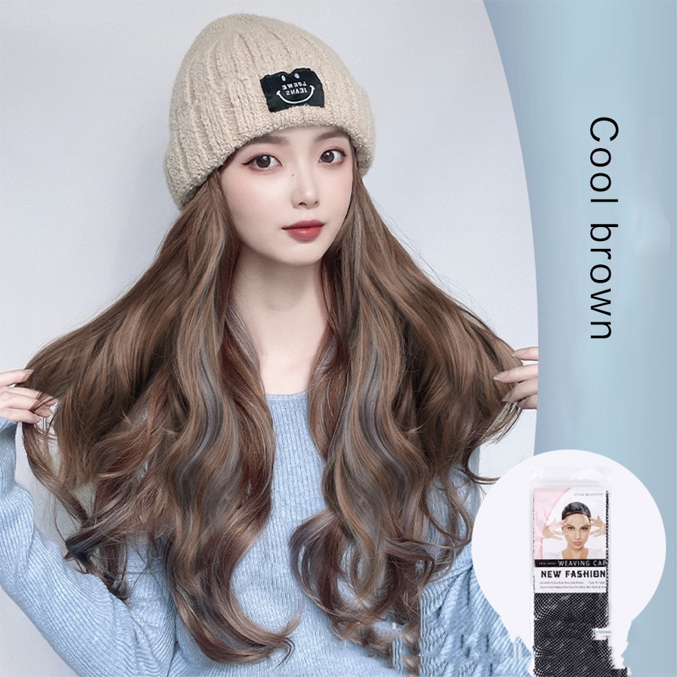 Autumn And Winter Fashion Beige Knit  Pick Dye Gradient Long Curly Hair Hundred Take Wig Hat photo 1