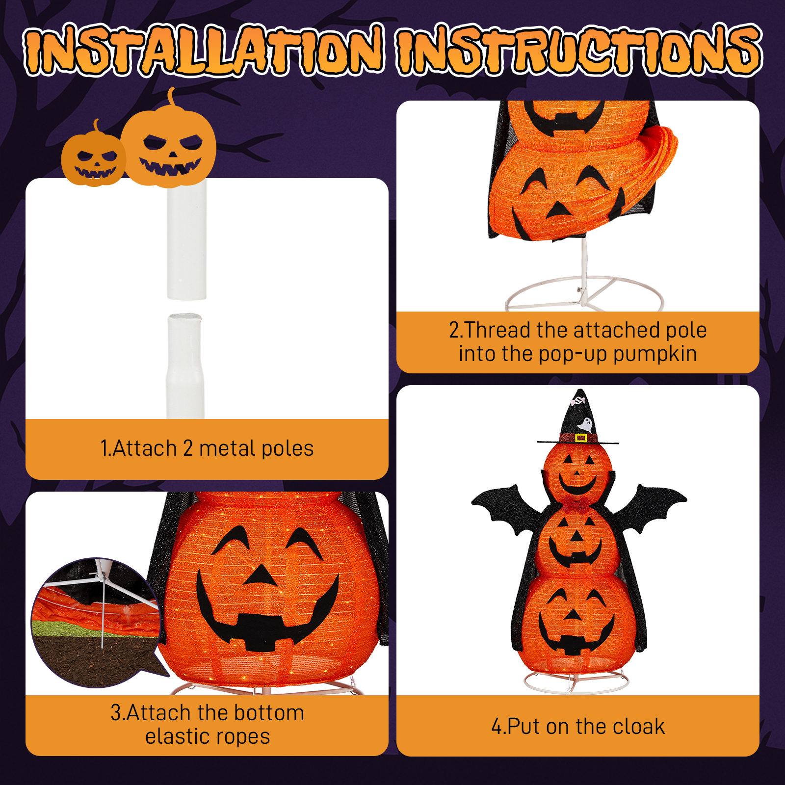 5ft Orange 3-Tier Retractable Fabric Pumpkin Halloween Light Decor With Cape & Wings,130 Warm White LED String Lights,4.5V 3.6W photo 3