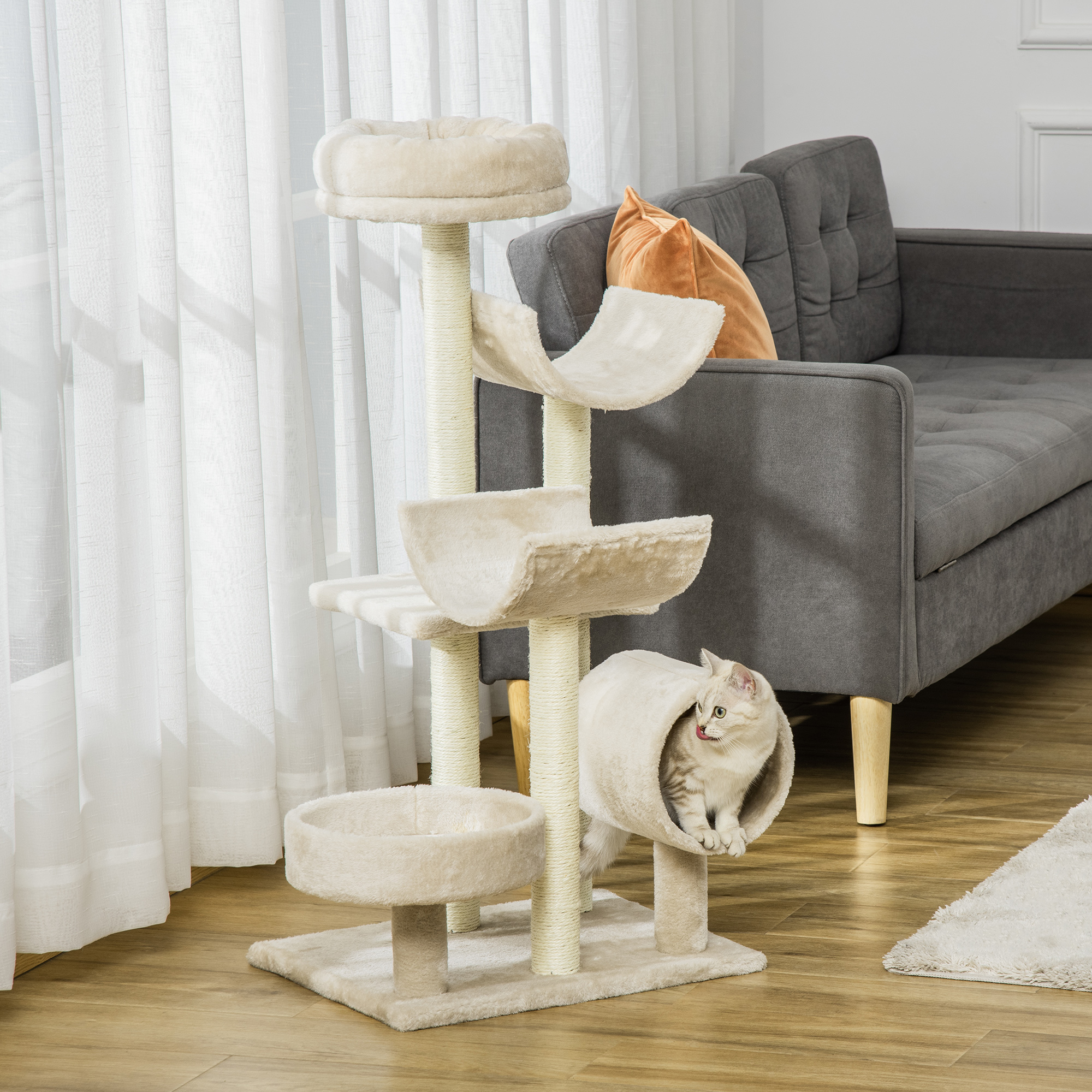 PawHut Cat Tree For Indoor Cats Kitten Pet Scratching Post Perch Activity Center Scratcher Climb Post Play House Arch With Tunnel 105cm Tall Beige photo 4