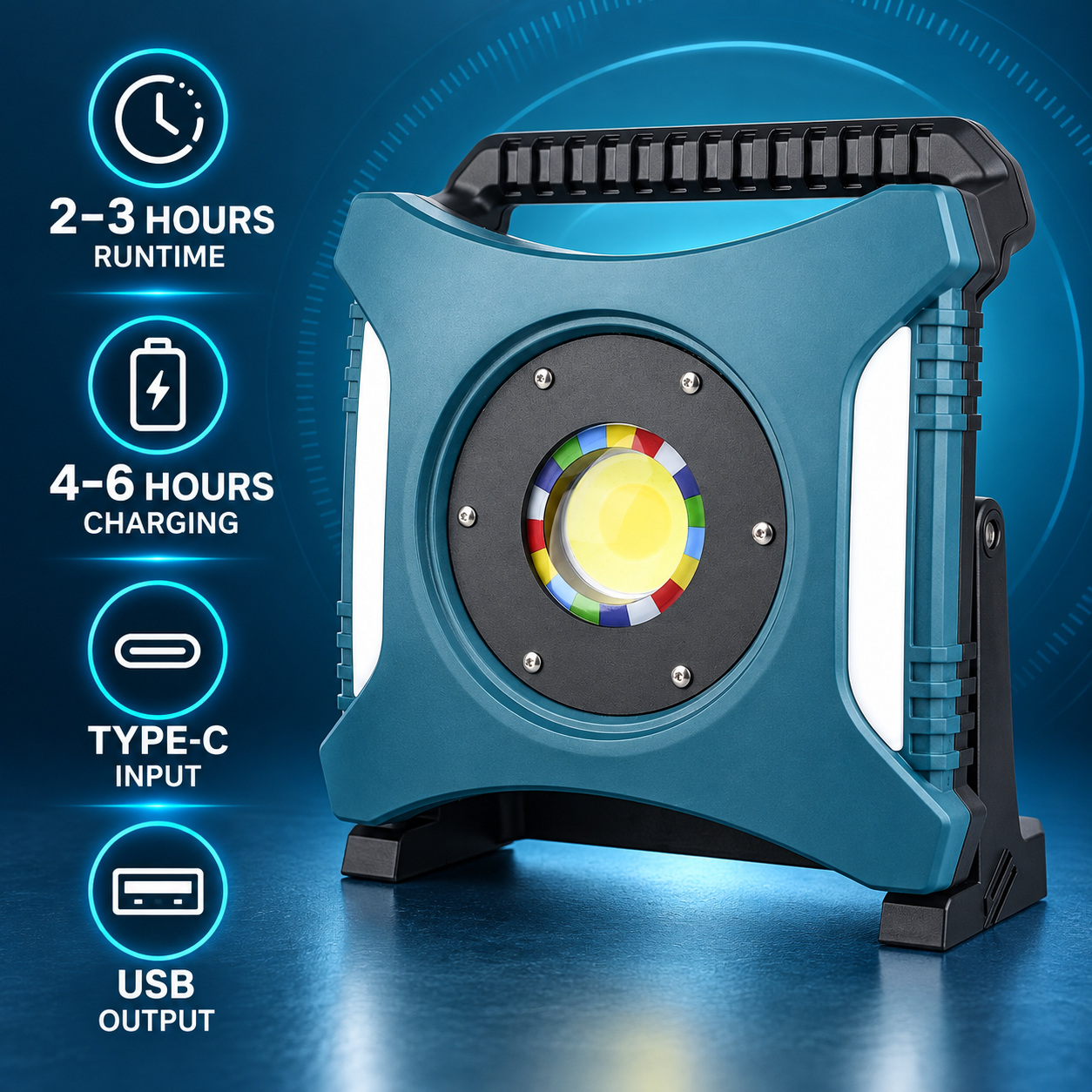 Rechargeable Type C COB Batteryversion 18650 W8142 1 Red Blue Warning LED Flood Light 6500mAh photo 8
