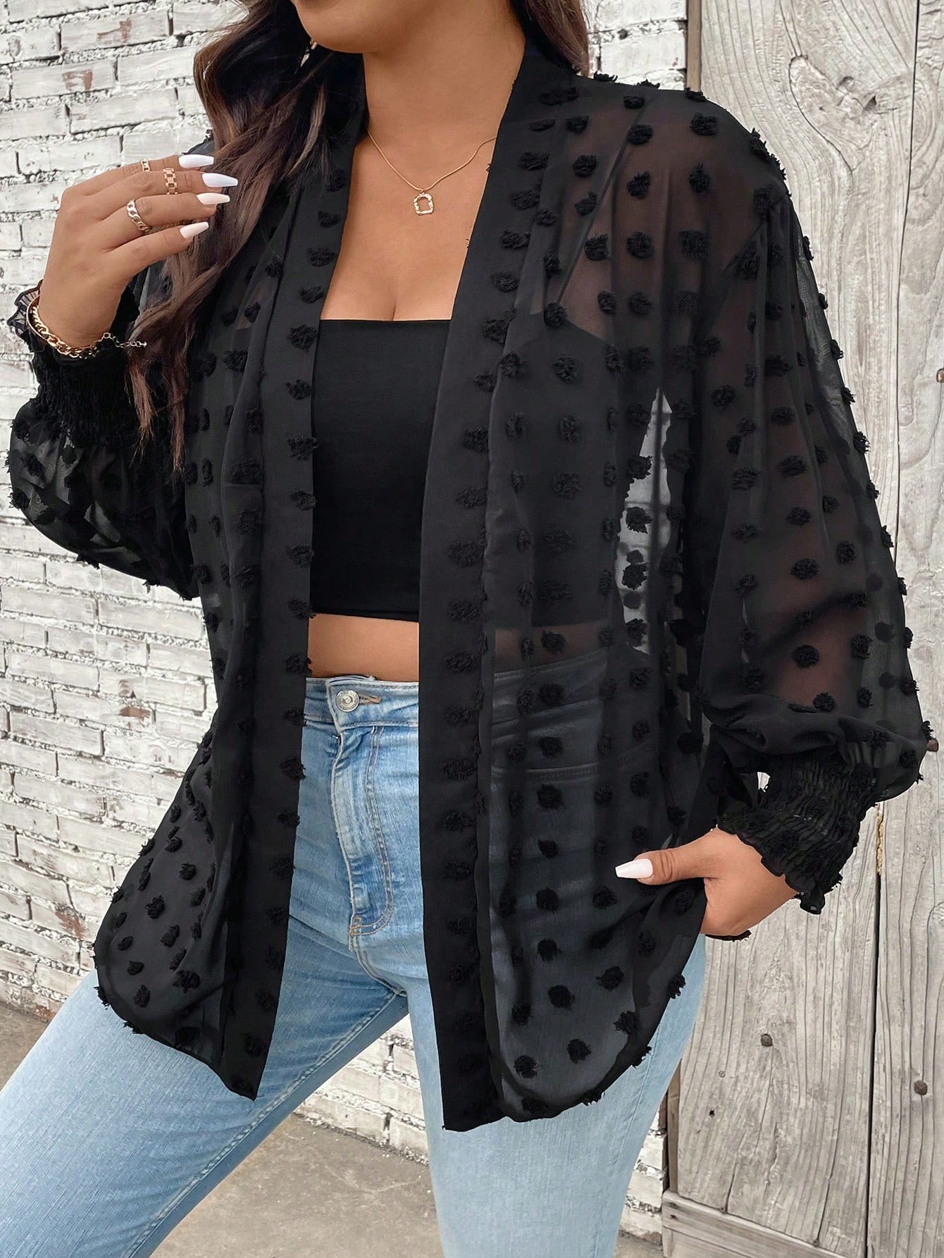 Women's Plus Size Black Swiss Dot Sheer Kimono Cardigan - Long Sleeve Open Front Chiffon Cover Up With Pockets photo 5