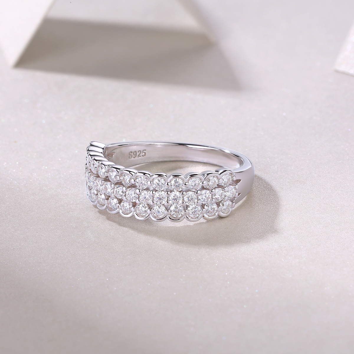 S925 Silver 3.6g Platinum Plated Moissanite Ring, 6.0mm 42pcs D VVS1 Triple Row Pave Band, GRA Certified US 5-9 photo 5