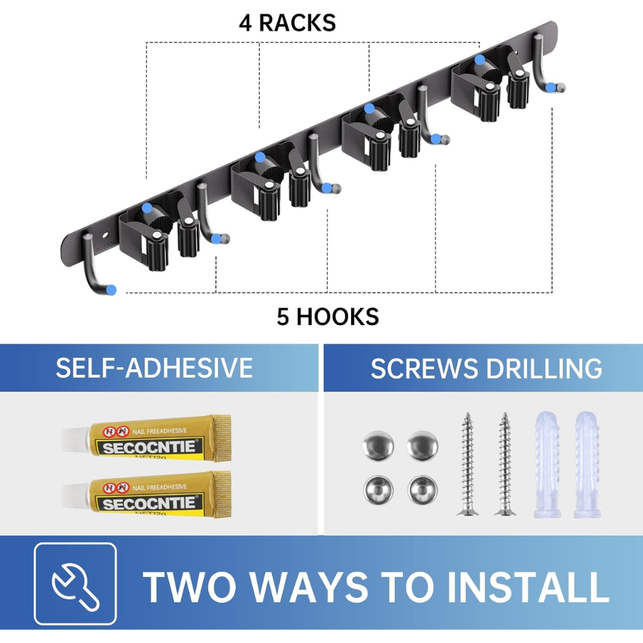 2 Pack Mop Broom Holder Wall Mount 4 Racks 5 Hooks Storage Black photo 7