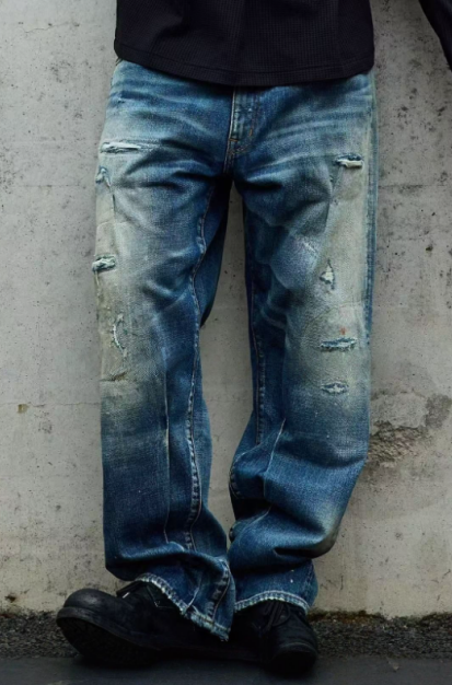 Vintage Washed Jeans Men Relaxed Fit Distressed Denim Pants Loose Streetwear Plus Size Big Tall Ready Stock photo 4