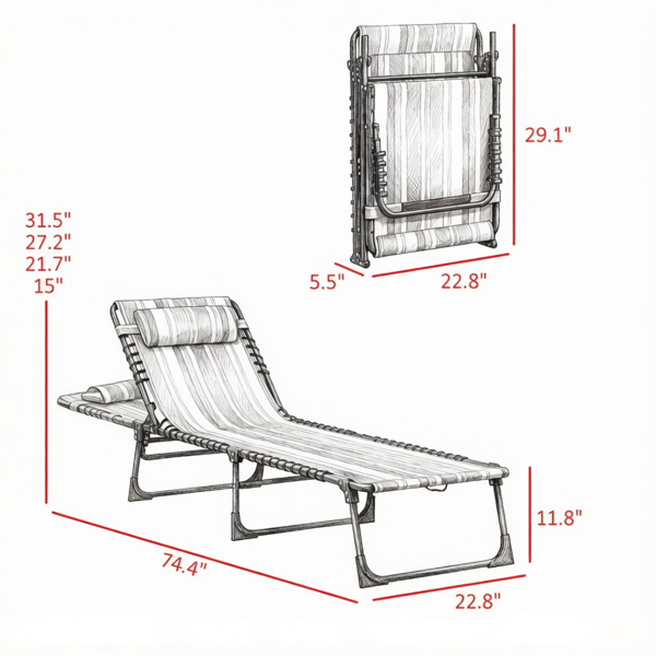 Striped 2 Folding Outdoor Lounge Chairs For Beach Camping Use, Pillow, Mesh & Bungee Seat photo 2