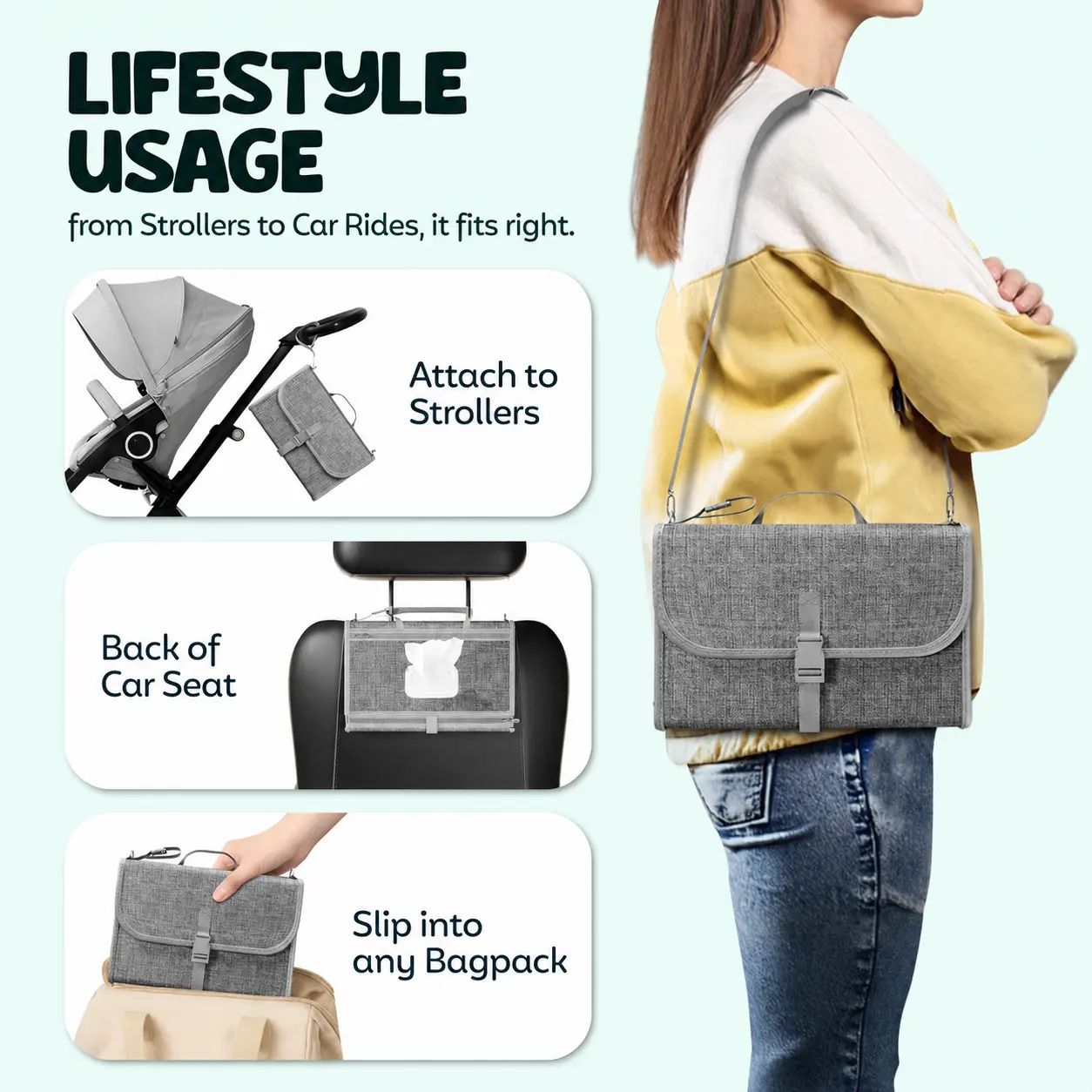 Portable Diaper Changing Pad, Detachable Waterproof Foldable Changing Mat With Wipes Pocket, Adjustable Strap & Soft Head Pillow, Travel Baby Change Mat For Stroller Car Seat Diaper Bag, Unisex Newbor photo 7