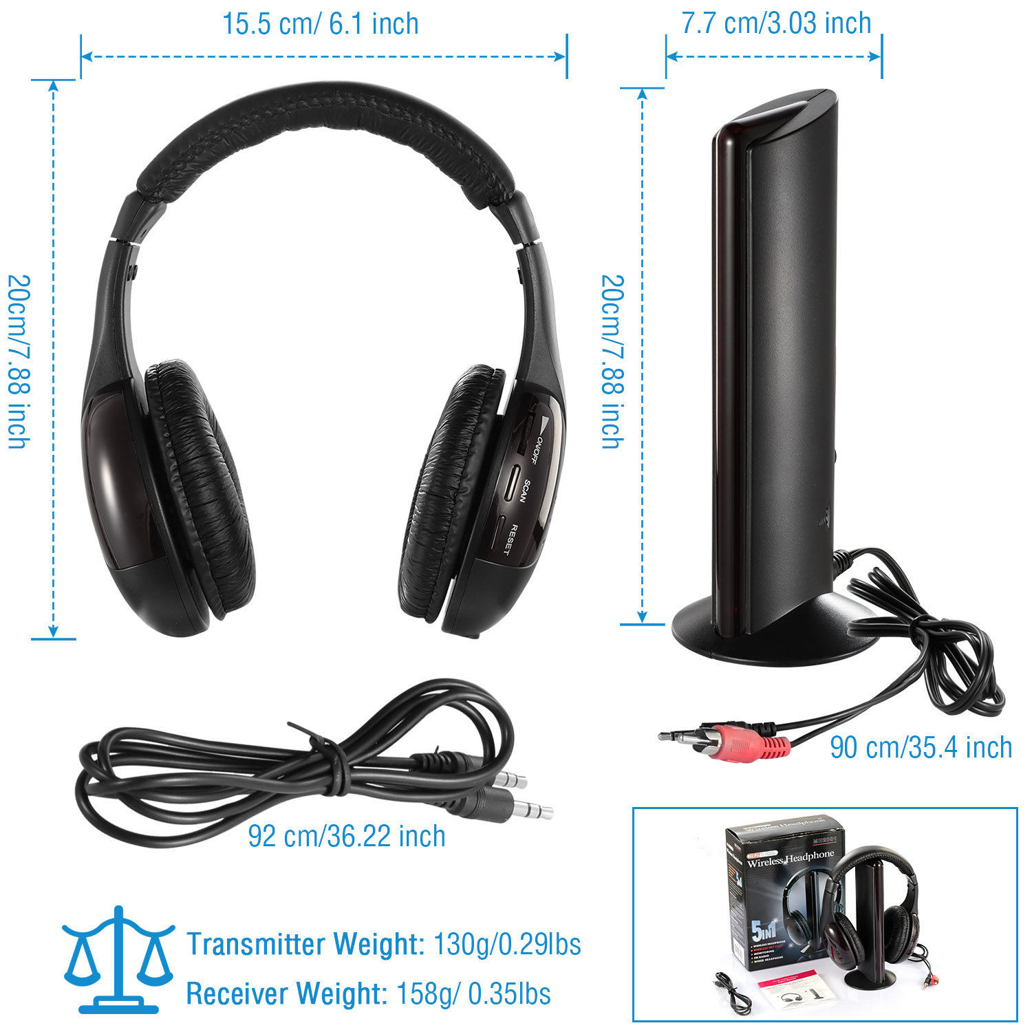 Wireless RF Headphones HiFi Over Ear Headsets RF Transmitter Receiver With MicY-shaped Cable Monitoring Earphone 98.4ft Range For TV Radio CD photo 7