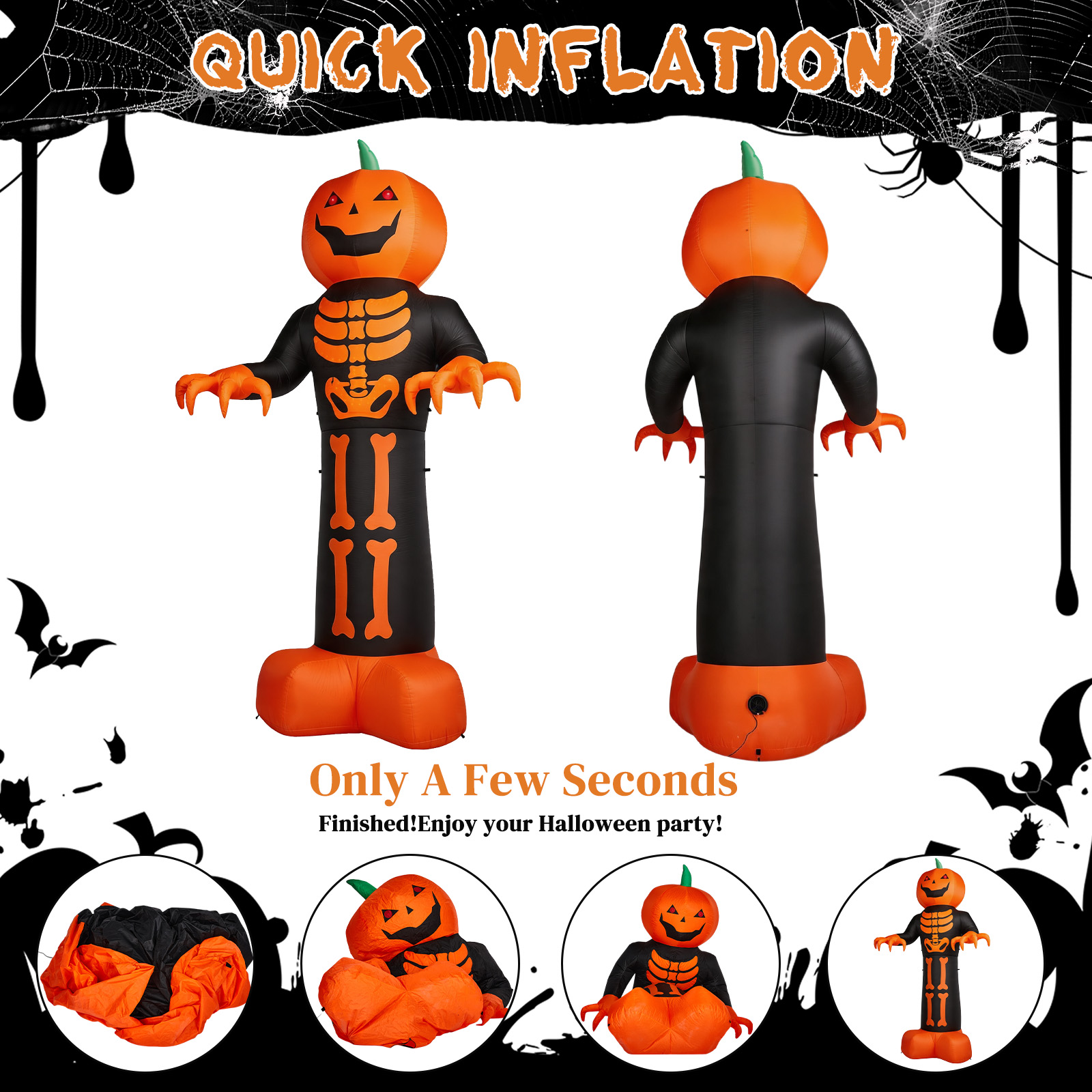 12ft Inflatable Halloween Decor With Skeleton Ribs,Pumpkin & Grim Reaper,3 LED Lights - 115 Count String Lights,Black & Orange,12V 2000mA US Power Adapter photo 3