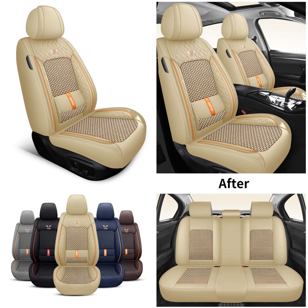 Summer Cool Ice Silk Breathable Car Seat Covers Full 5-Seat Set Ergonomic Lumbar Support Soft Beige Universal Auto Interior Seat Cushion Protectors photo 7