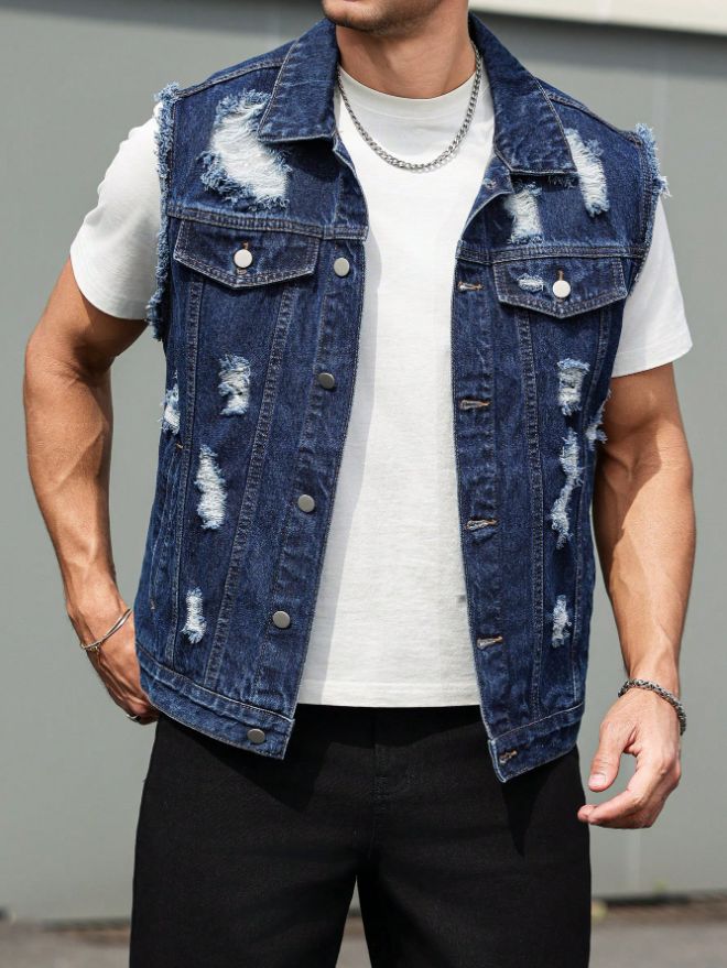 Ripped Denim Vest Men Dark Blue Distressed Sleeveless Jean Jacket Vintage Ships From US photo 3