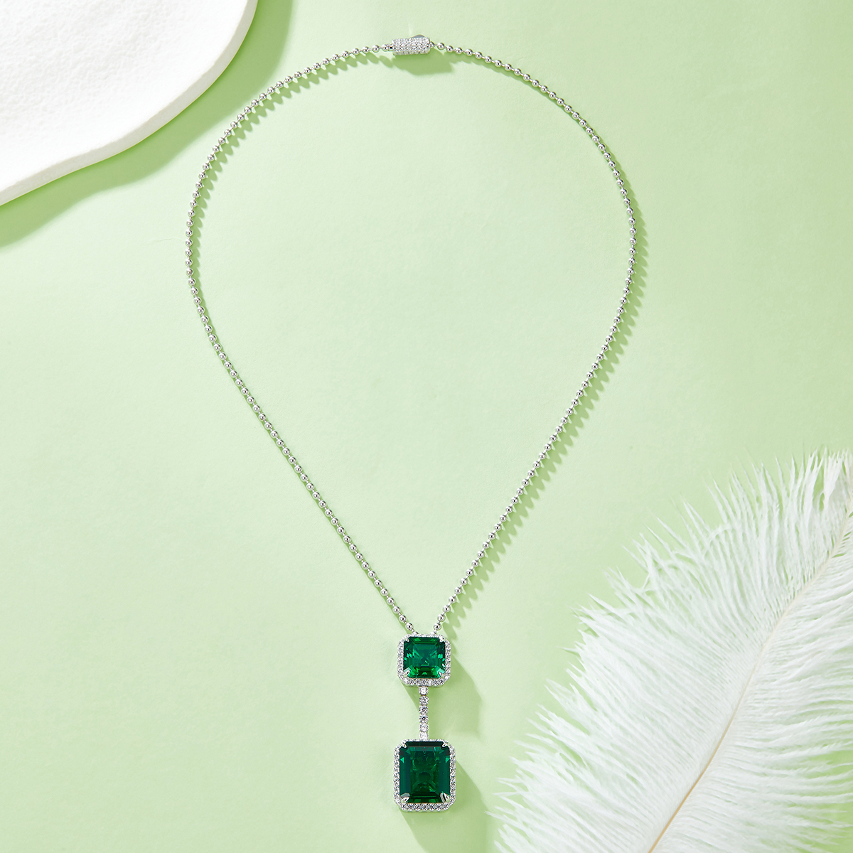 S925 Silver 12.9g 12.7ct Lab-Created Emerald Necklace, 15x12mm & 10x10mm Double Drop, 40cm photo 2