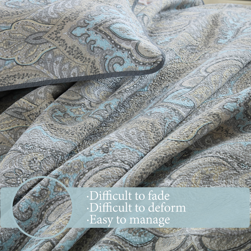 3x Dense Quilting Anti-Static Fade Proof Machine Washable All Season Lightweight Bedding 3-Piece Gray Blue Paisley Damask Quilted Bedspread Set Cotton Filled Reversible Coverlet Skin-Friendly Soft photo 7