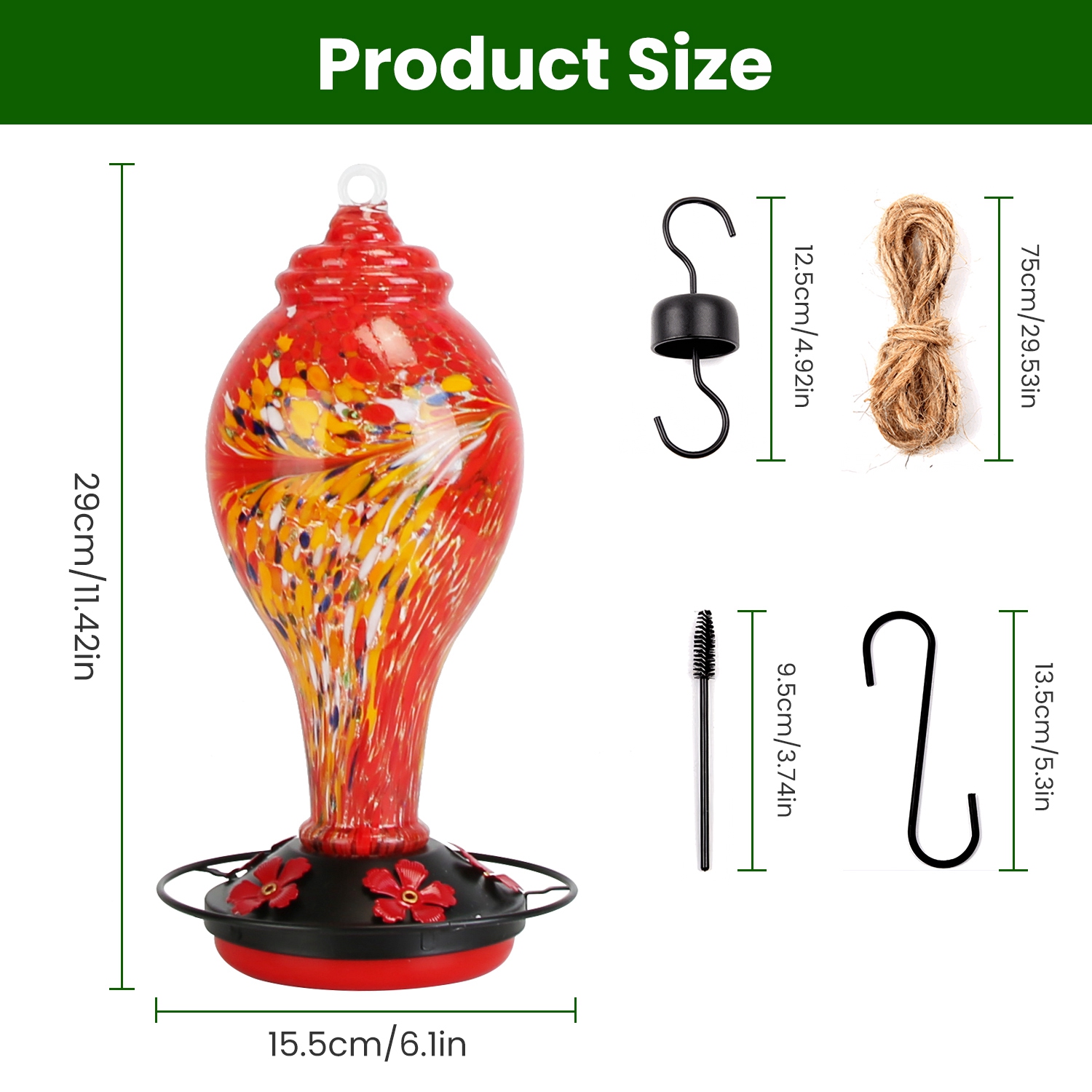 1Pc Glass Hummingbird Feeder 33OZ Hand Blown Hummingbird Feeder With 5 Flower Feeding Port Perch Ant Moat Hanging Hook S Hook Hemp Rope Cleaning Brush For Garden Decor photo 4