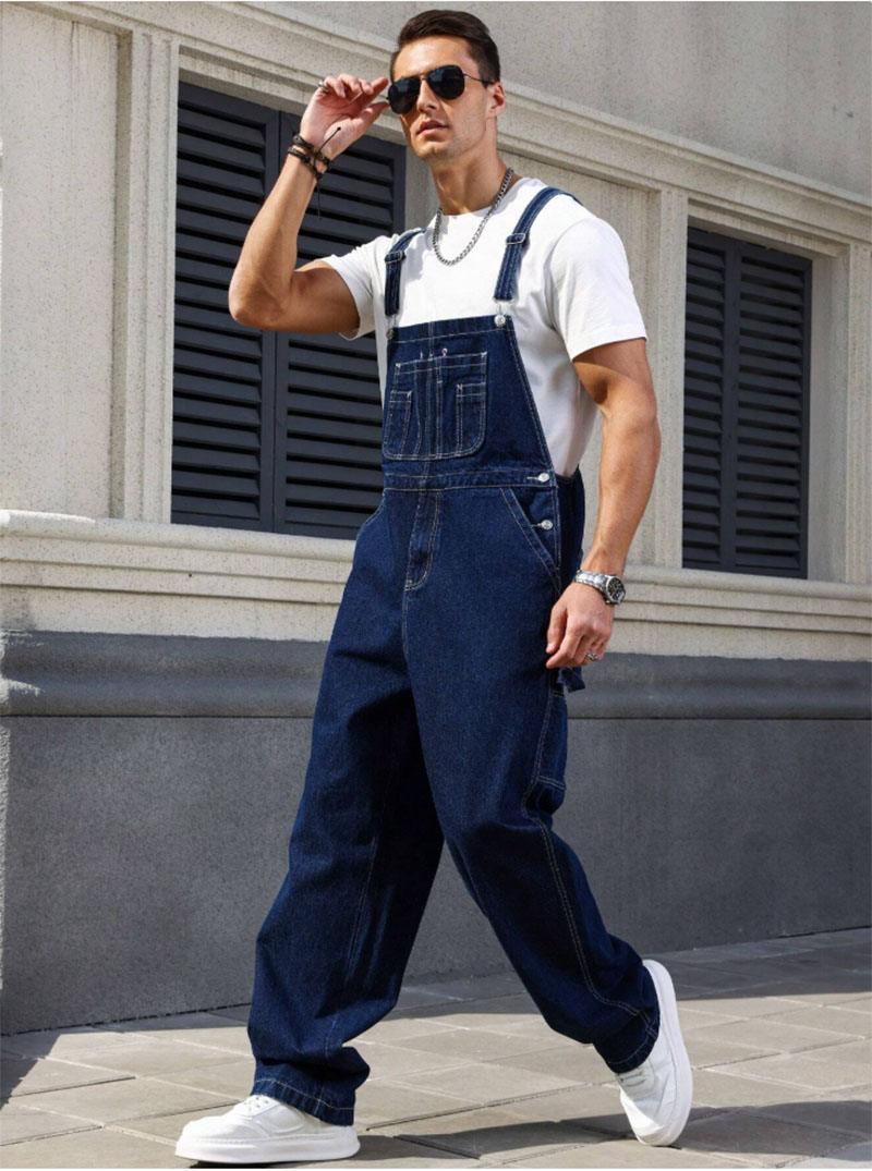 Men's Denim Overalls Loose Fit Carpenter Bib Pants Workwear Jeans Streetwear Ready Stock photo 1