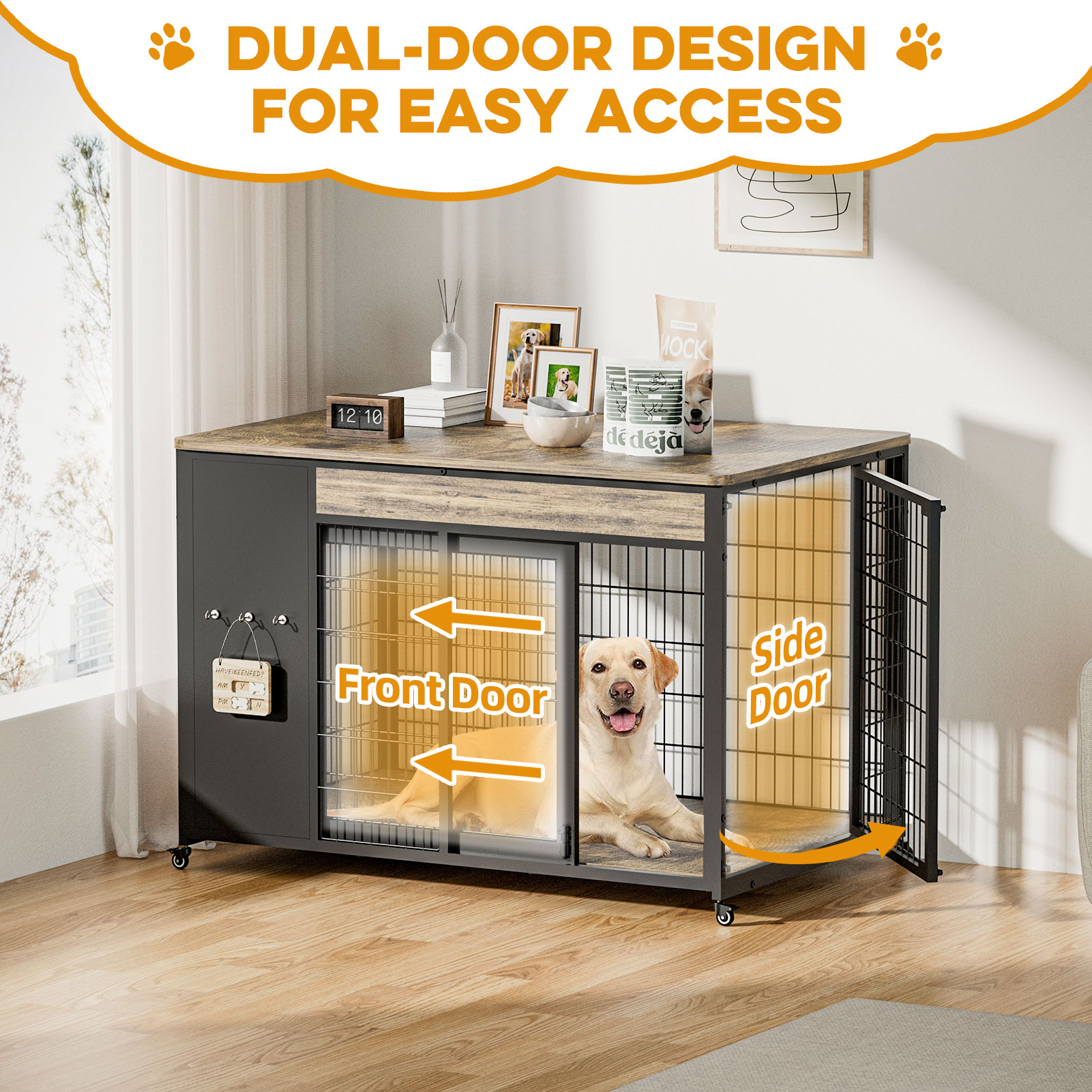 42-Inch Double Wide Wooden Double-Door Dog Crate Side Table Combo - Heavy-Duty DIY Assembly, Chew-Resistant Construction, Indoor Living Room Functional Home Decor Furniture For Large Breeds photo 7