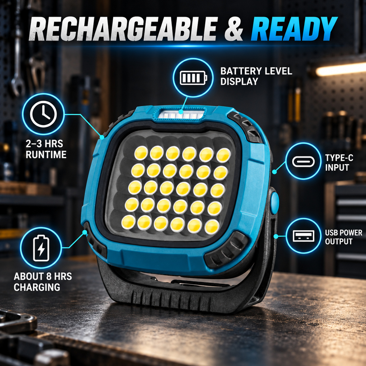 Rechargeable Magnetic Battery Display Type C LED Work Light Base Hanging W893 2 3 Hour photo 7