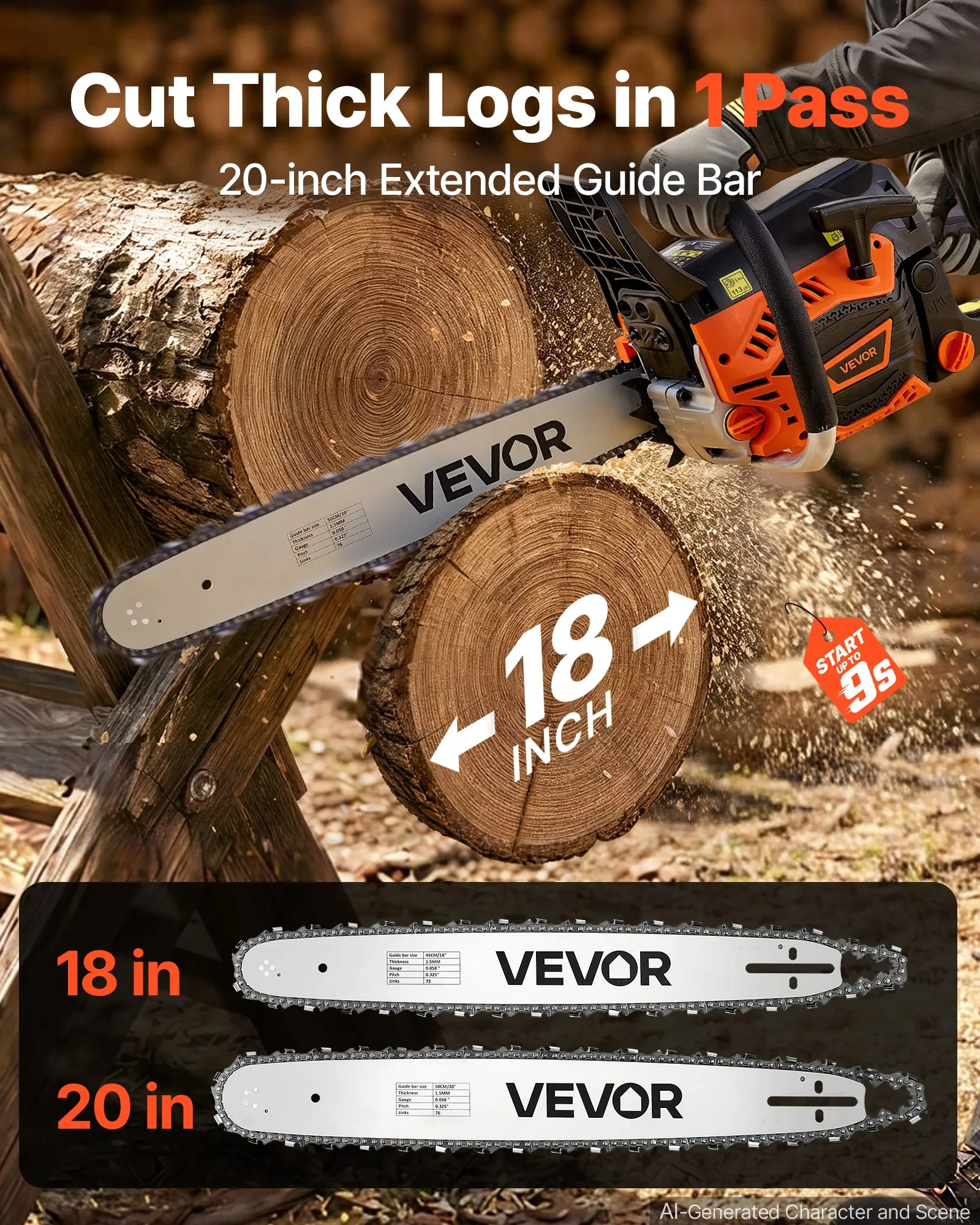 Gas Powered Chainsaw 18 & 20 Inch 58CC 3.22HP 2 Stroke Engine Saw, For Wood Cutting, Tree Trimming & Land Clearing, Throttle-Synced Choke, Power Chain Saw With Non-Slip Handle & Dual Tanks photo 2