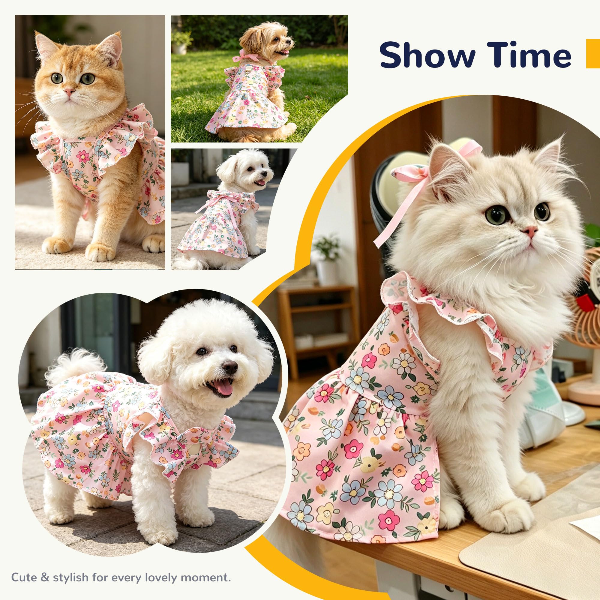 Cute Floral Small Dog Cat Harness Dress Outfits With Bow & Leash D-Ring,Soft Breathable Summer Ruffle Puppy Clothes Girl,3-Way Styling Female Dog Clothes For Chihuahua Yorkie Maltese photo 3
