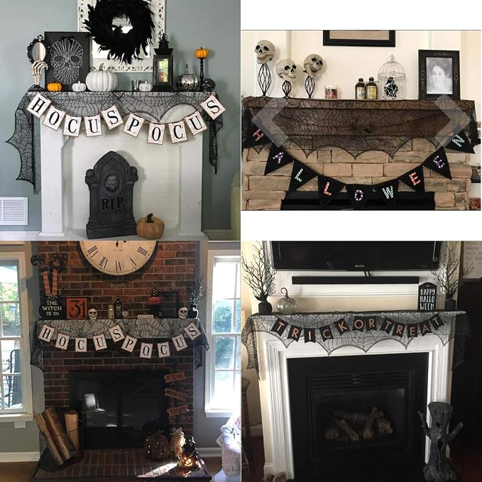 Black Lace Spiderweb Fireplace Mantle Scarf 18x96 Inch Halloween Cobweb Decoration For Party Decor photo 2
