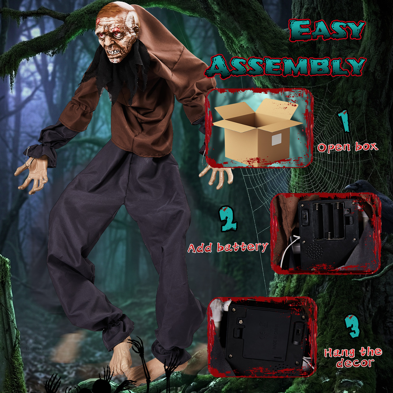 5ft Halloween Wall-Climbing Ghost Decoration With Sound-Activated Moving Legs,Roaring & Laughing Sound Effects,Battery Operated Batteries Not Included,Hanging Spooky Decor photo 3