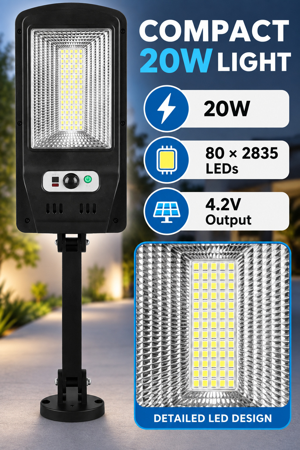 Solar Powered Rechargeable Motion Sensor Waterproof LED Work Light 20W 1500mAh For W755 1 Street photo 3