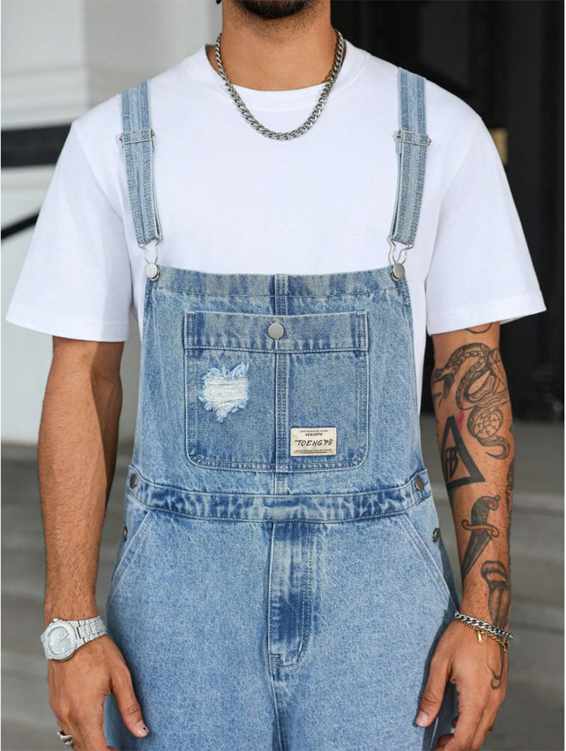 Distressed Light Blue Denim Overalls Men Ripped Loose Fit Vintage Streetwear Bib Overalls US Stock photo 8