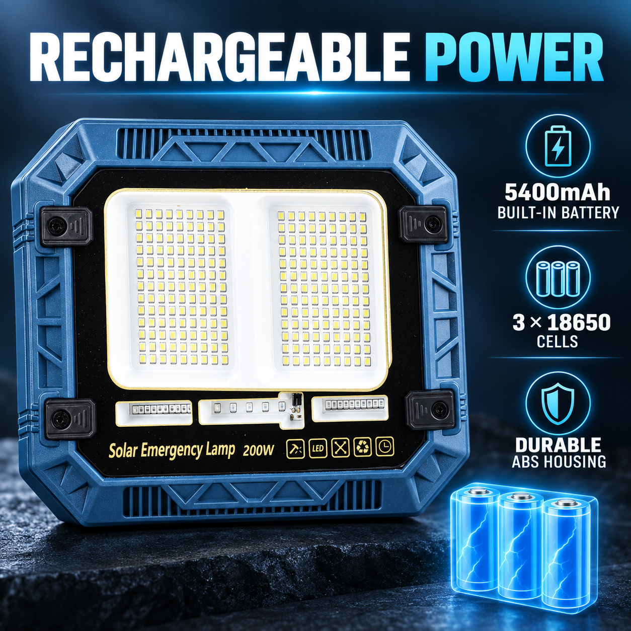 Solar Powered Rechargeable Battery Display 18650 W8113 2 LED Flood Light Red Blue Warning SMD photo 7