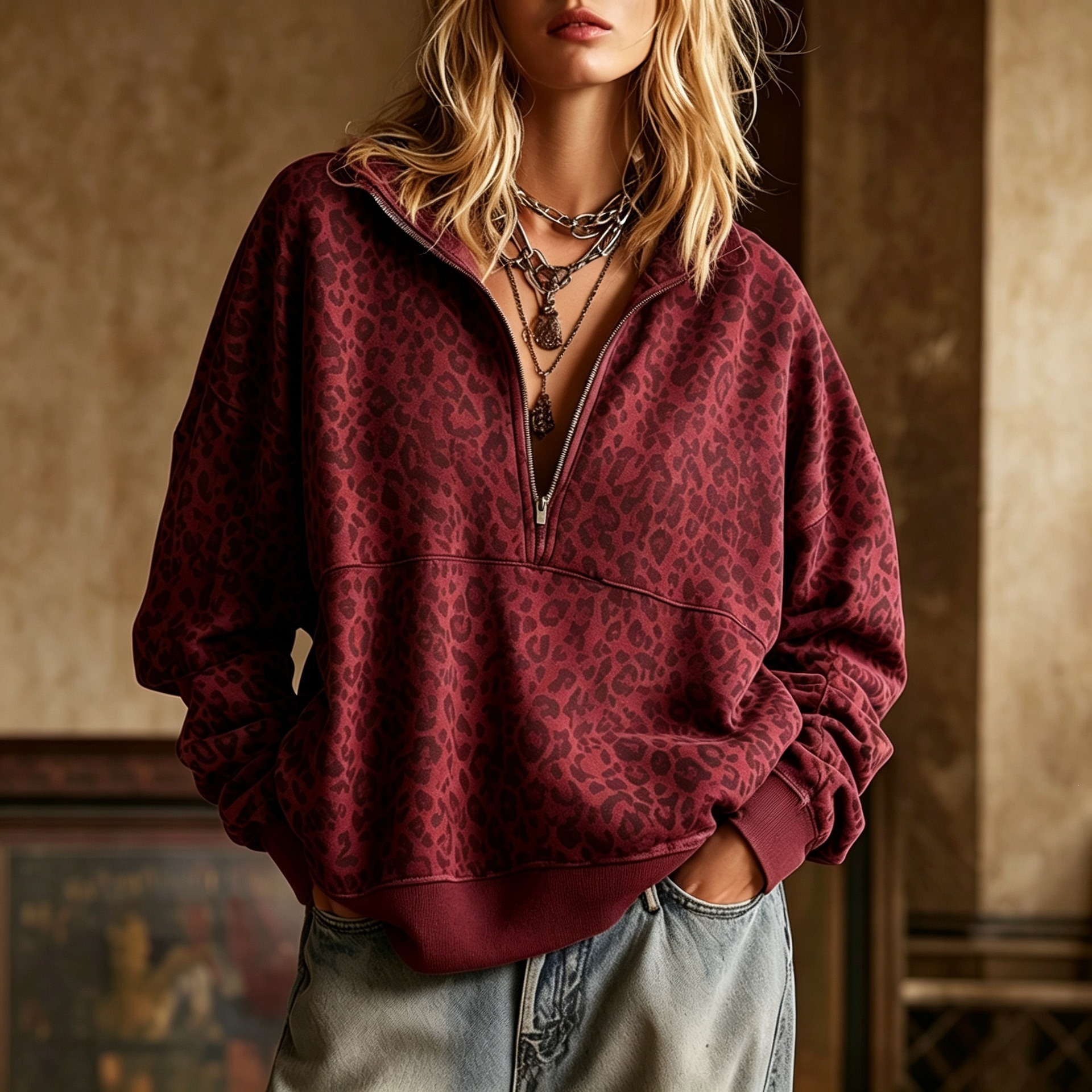 NewArrivalFall Winter HotsellingLeopard Print ZipUp Versatile Casual Womens Hoodie photo 2
